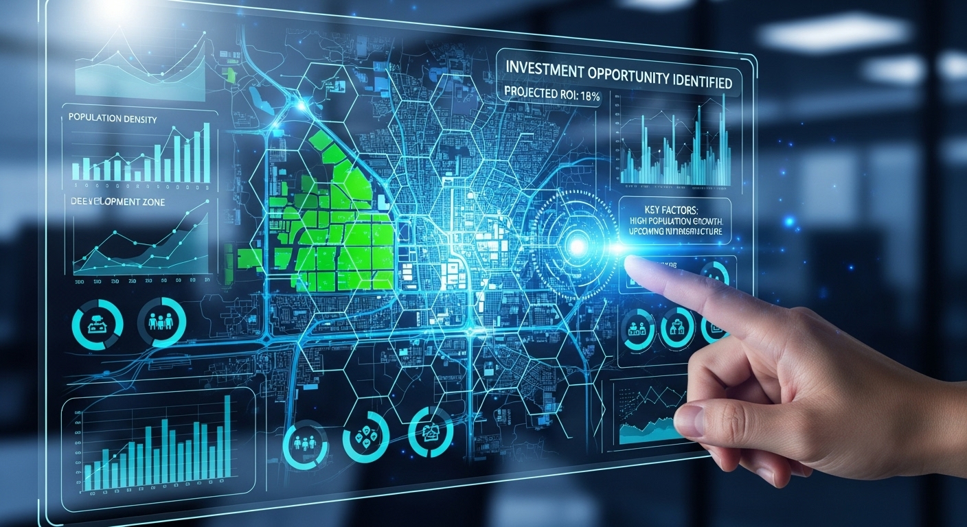 AI가 부동산 데이터를 분석하여 유망 투자 지역을 추천하는 모습. 인공지능이 복잡한 부동산 시장 정보를 시각화하여 현명한 투자 결정을 돕는 과정을 나타냅니다.