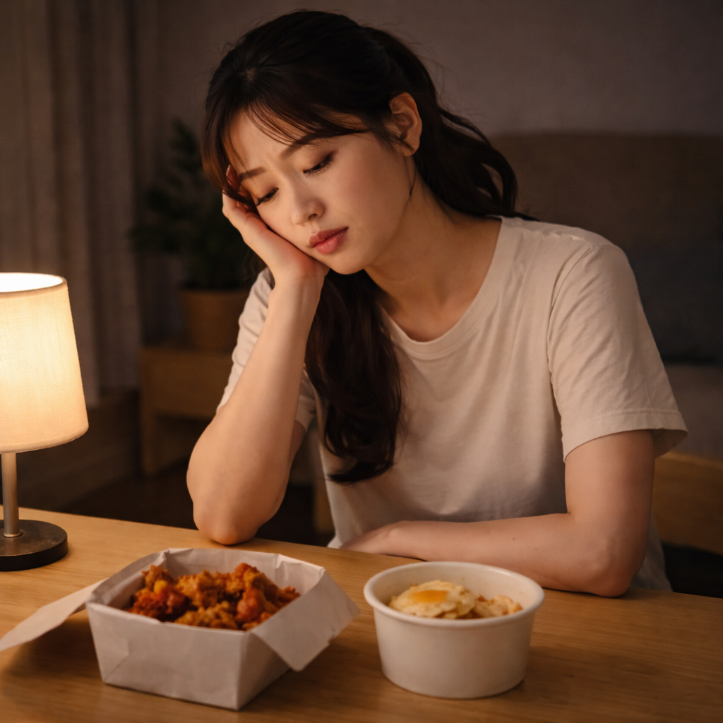 수면 부족이 야식과 선택을 흔들어 체중 정체로 이어질 수 있음을 표현한 이미지