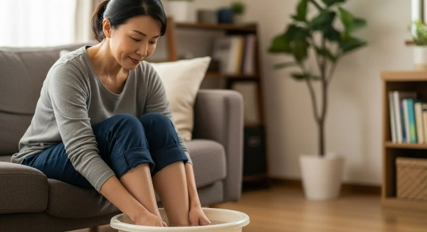 마루에서 소파에 앉아 족욕을 하고 있는 가정주부 모습