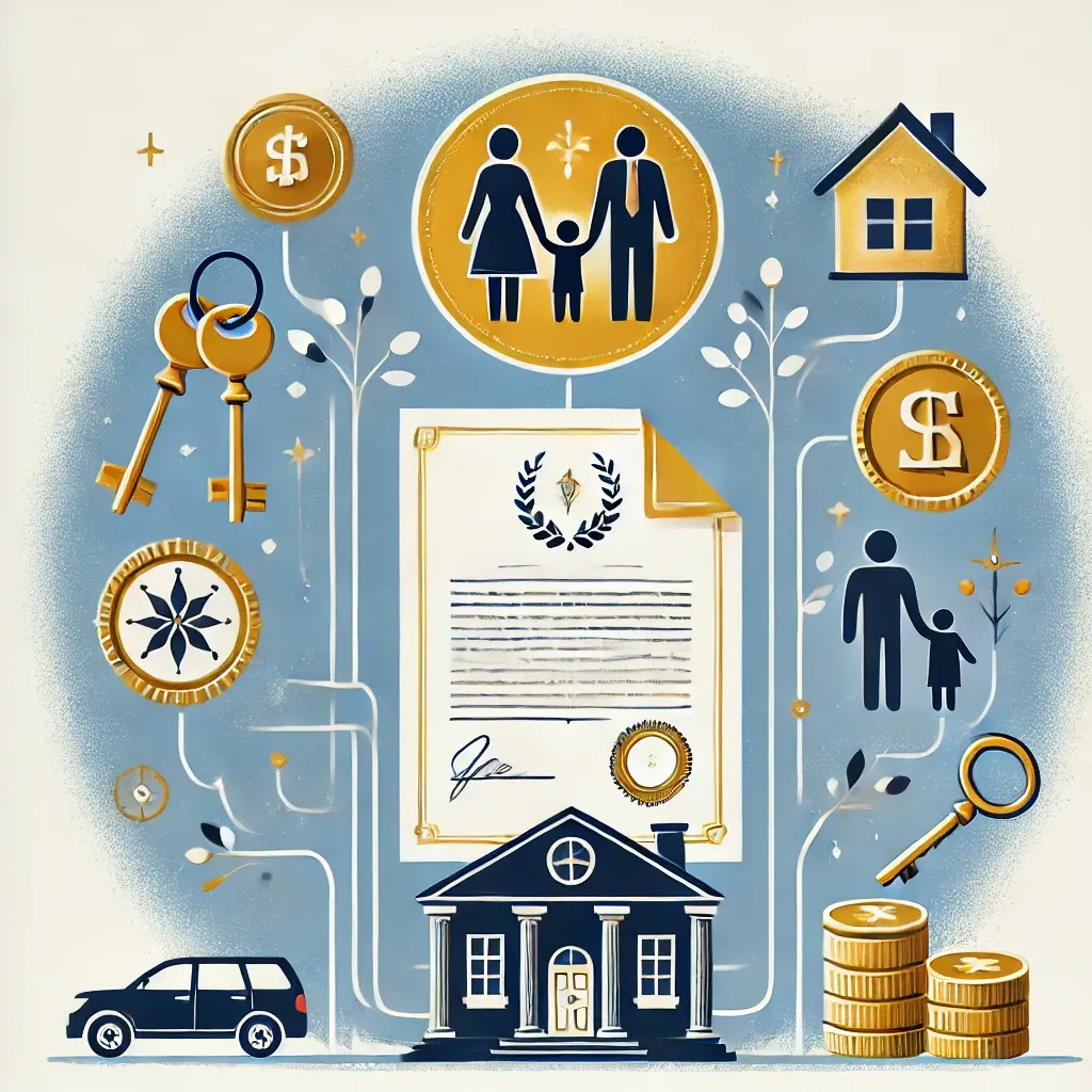 상속을 상징하는 유언장과 자산 아이콘&amp;#44; 배경에 가족 실루