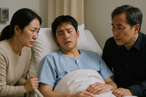 병원 침대에 누운 대학생 환자가 가족과 대화하는 장면, 환자는 힘든 표정, 가족은 걱정하는 모습