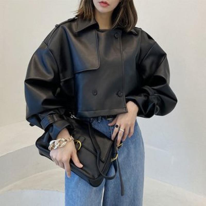 슈팅스타 레더 더블단추 퍼프소매 크롭 자켓