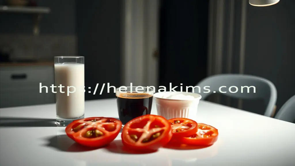 아침 공복에 섭취하면 나쁜 토마토, 우유, 커피, 요거트가 식탁 위에 놓인 이미지.