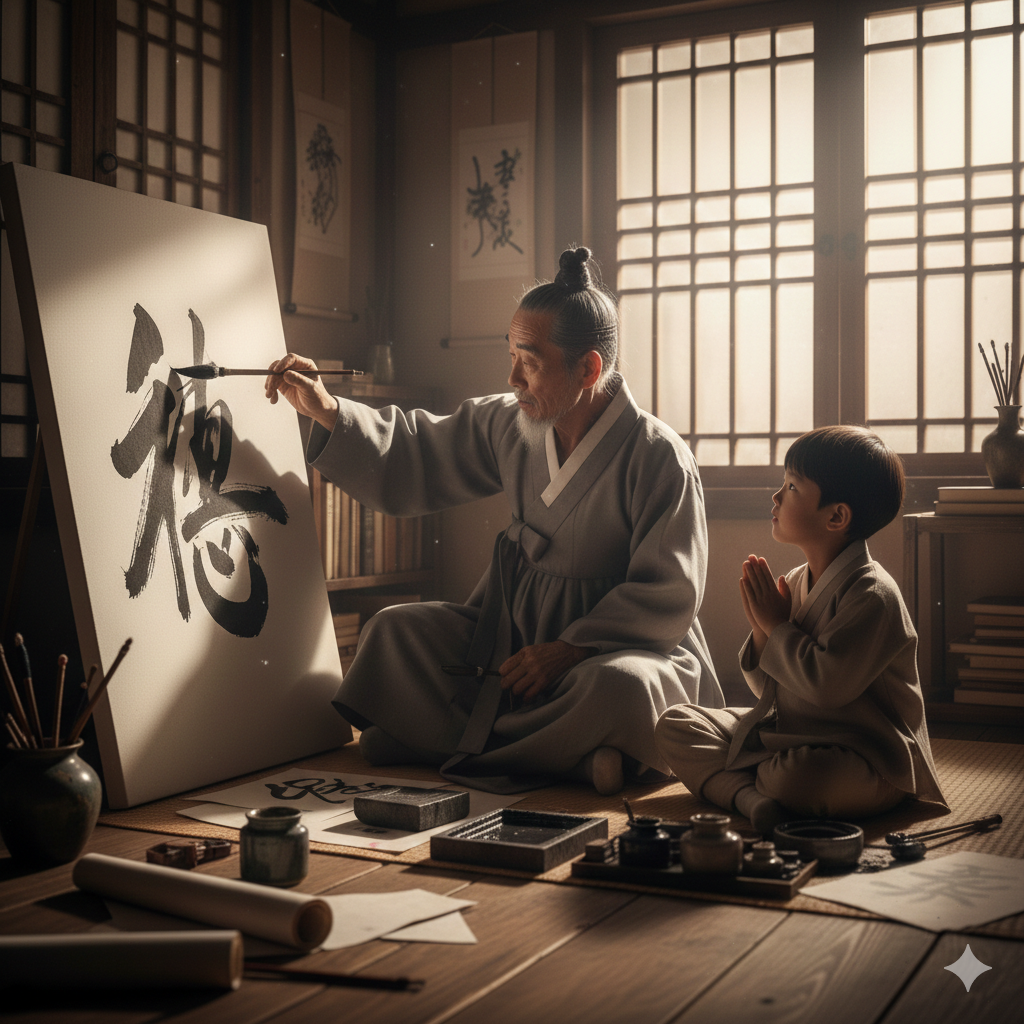 한복을 입은 노년의 화가가 캔버스에 붓질을 하고 있고 옆에서 어린 제자가 두 손을 모으고 경외하는 표정으로 바라보는 모습