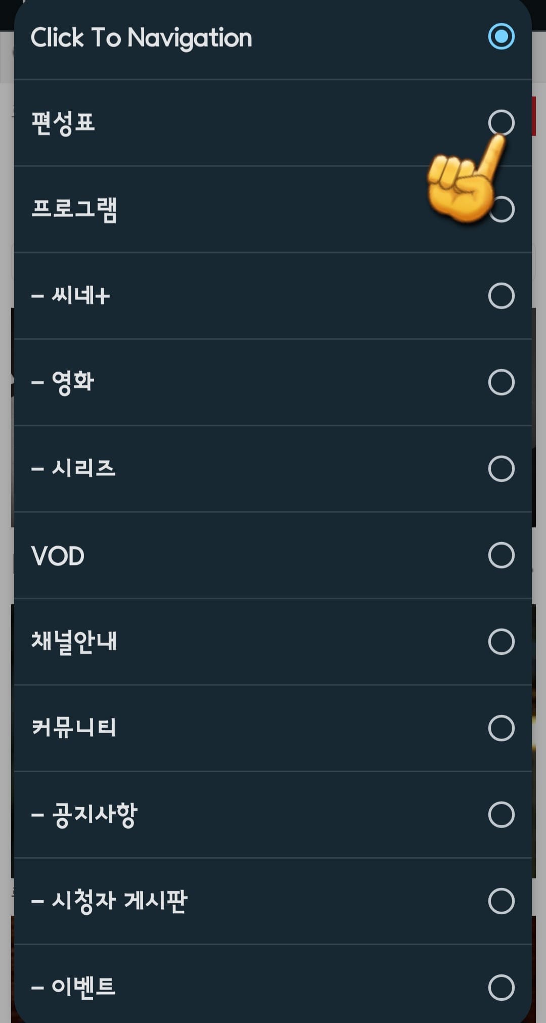 CHANNEL-ACTION(채널액션)-편성표-및-채널번호-확인하는-방법-이후,-나타나는-메뉴에서-편성표를-선택합니다.