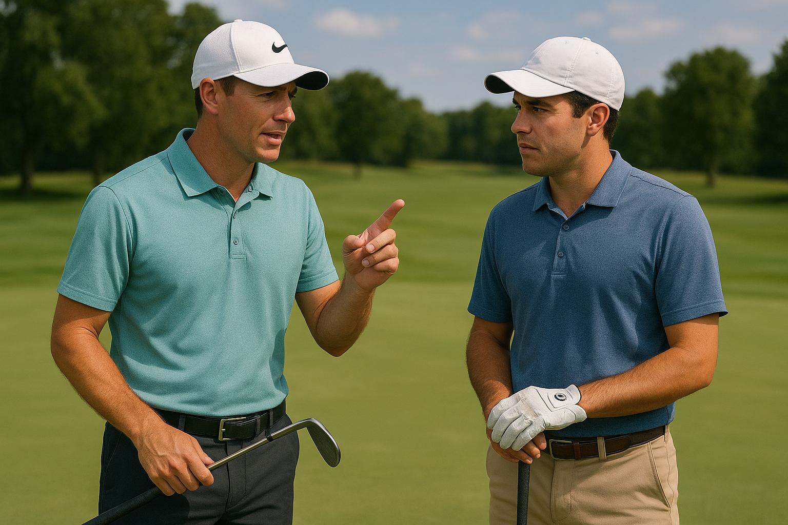 남자 프로 골퍼가 아마추어 남자 골퍼에게 어드바이스 해주는 모습