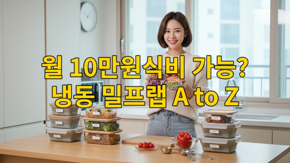 깔끔한 주방에서 웃으며 밀프랩 용기를 들고 있는 젊은 한국 여성. 주변에 정돈된 냉동 간편식 용기들이 놓여있어 효율적인 식단 관리를 보여줍니다.