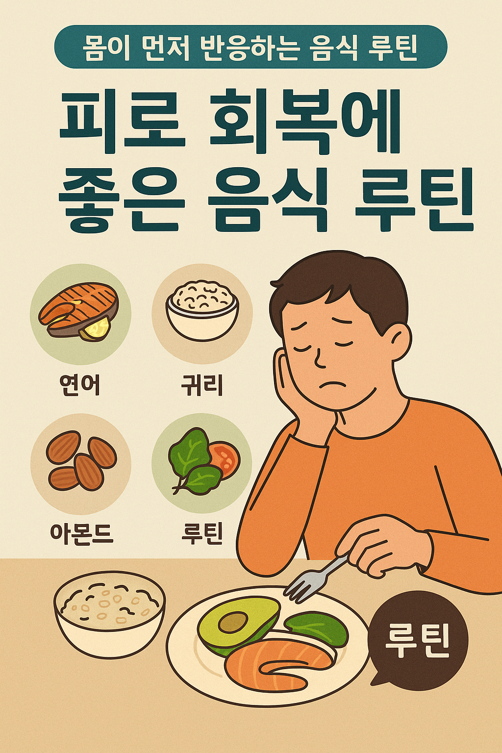 피로 회복에 도움이 되는 음식 루틴을 소개하는 한국어 인포그래픽 이미지로, 연어, 귀리, 달걀, 아몬드 등 영양소 중심 식단 구성이 포함된 플랫 스타일 일러스트