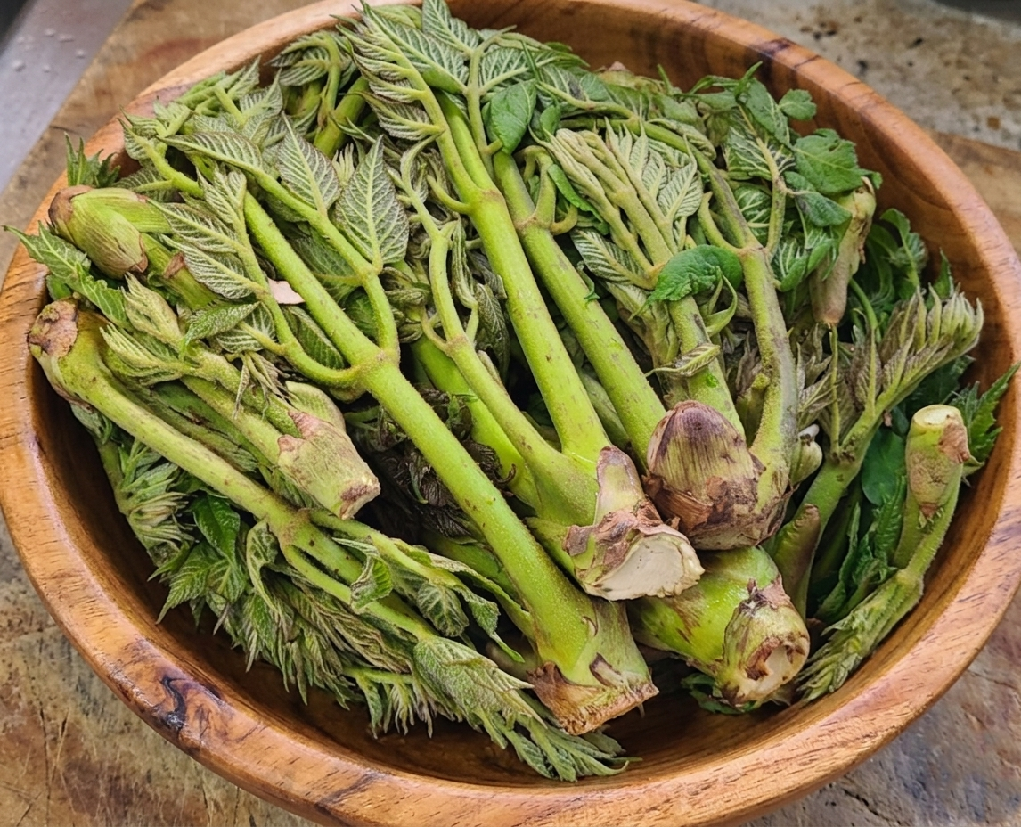 나무 보울에 가득 담긴 신선한 참두릅과 사포닌의 효능 설명