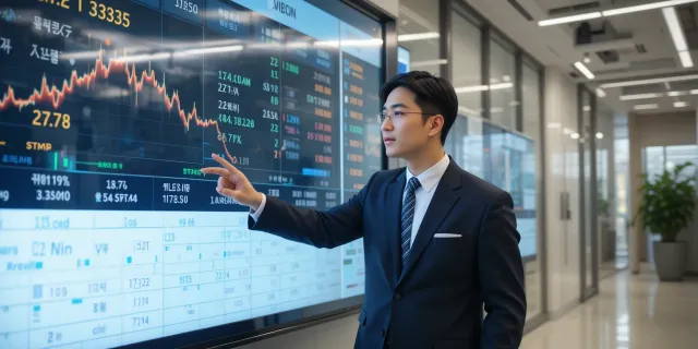 대형 스크린으로 강원랜드 주가 데이터 설명하는 직장인