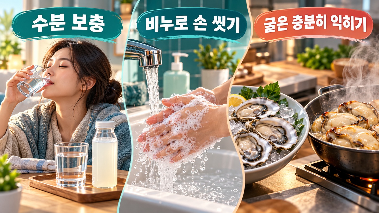 물을 마시는 사람, 비누로 손 씻는 장면, 생굴과 충분히 익힌 굴을 비교한 예방 교육 인포그래픽