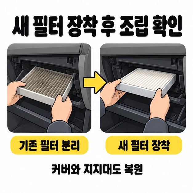 글로브박스 뒤에서 기존 필터를 분리하고 새 필터를 장착하는 두 장면과 커버 및 지지대 복원 안내를 배치한 그림