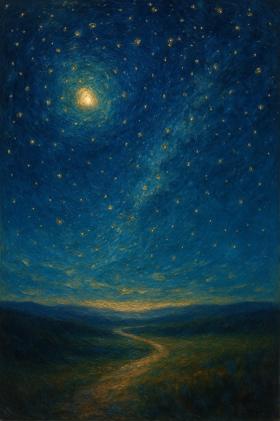 별이 가득한 밤하늘 아래 고요히 펼쳐진 언덕과 구불구불 이어지는 황금빛 길. 푸른 색조의 하늘에는 은하수가 흐르며, 수많은 별들이 반짝이고 있고, 풍경 전체는 유화 특유의 부드러운 질감으로 표현되어 서정적인 분위기를 자아낸다.
