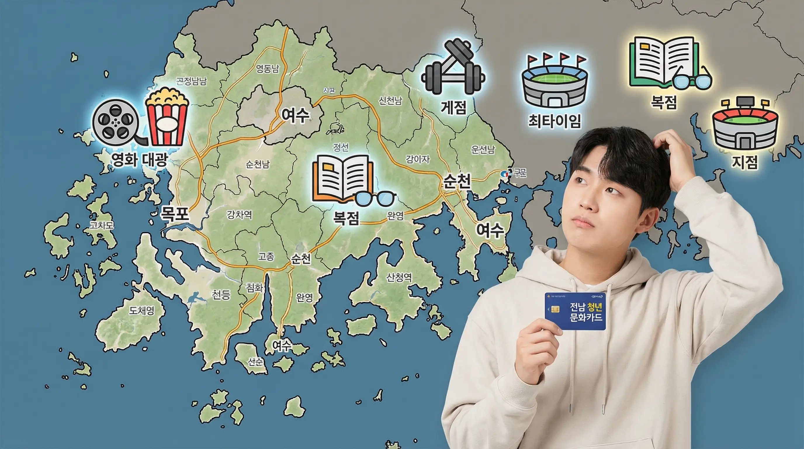 전라남도 지도 위에 다양한 문화 시설(영화관, 체육관, 서점) 아이콘이 떠 있고 청년이 카드를 들고 고민하는 모습