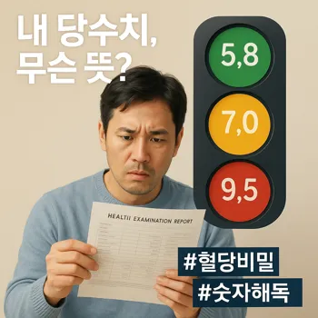 30-40대 남성이 심각하면서도 궁금한 표정으로 건강검진 결과지를 들여다보고 있다. 그의 어깨 너머로 당화혈색소 수치를 상징하는 커다란 신호등 아이콘이 선명하게 빛나고 있다. 신호등은 초록, 노랑, 빨강으로 나뉘어 있고 각 칸에는 숫자가 적혀있다. 배경은 부드러운 파스텔 톤으로 깔끔하고, 정보에 집중되는 느낌. 실사 사진 스타일.