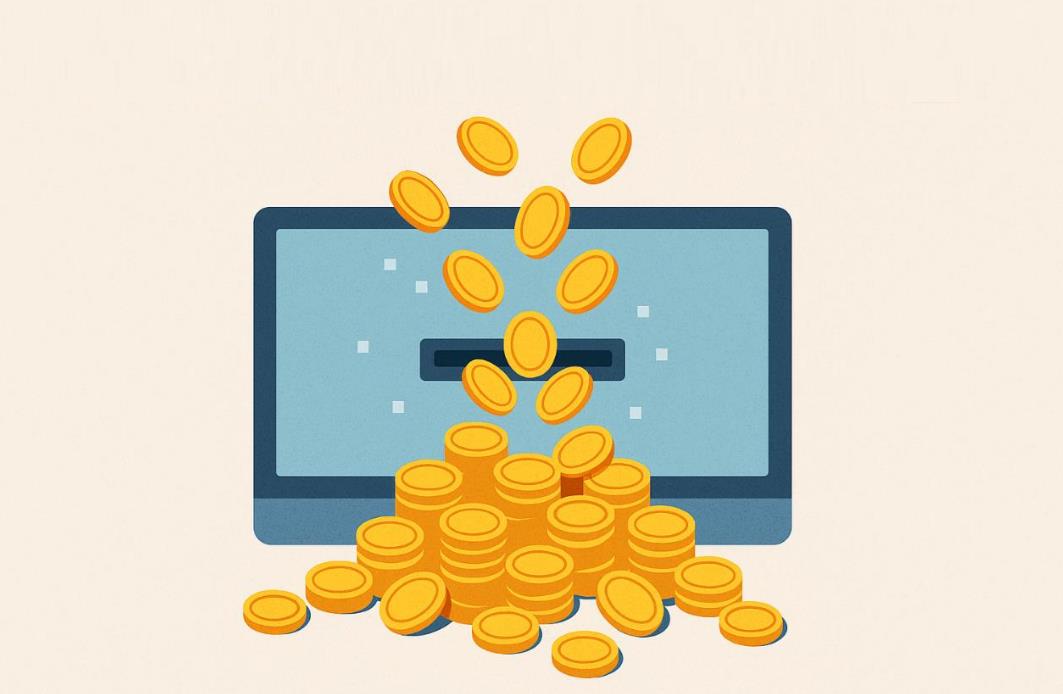 컴퓨터 화면에서 데이터가 금화처럼 쏟아지는 모습