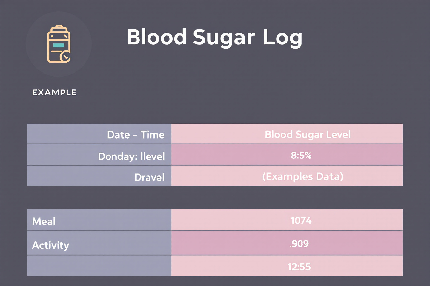 "혈당 기록표 예시: 날짜별 시간대, 혈당 수치, 식사 내용, 활동량 등을 포함한 템플릿"