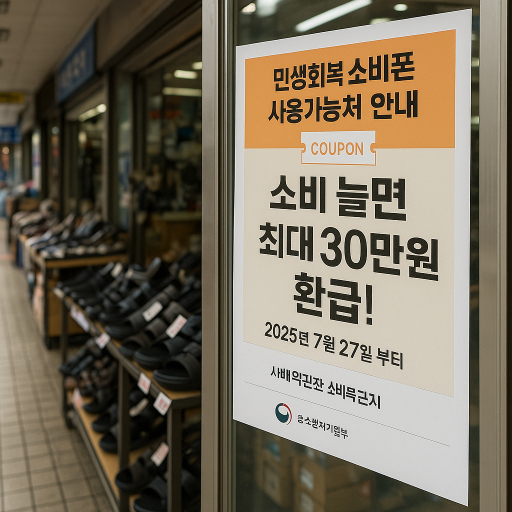 전통시장 상가 입구에 붙은 민생회복 소비쿠폰 사용가능 안내 포스터와 매장 진열 신발 이미지