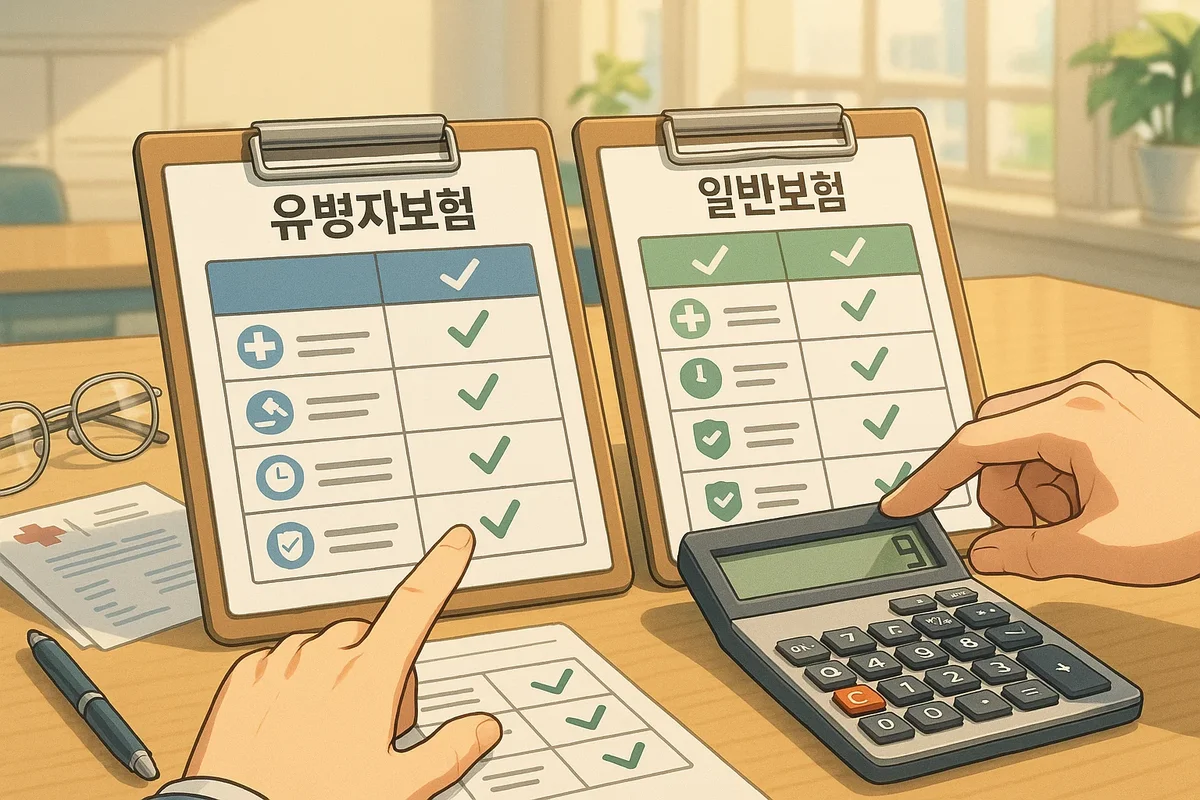 유병자보험과 일반보험을 비교하는 체크리스트와 계산기가 있는 상담 장면