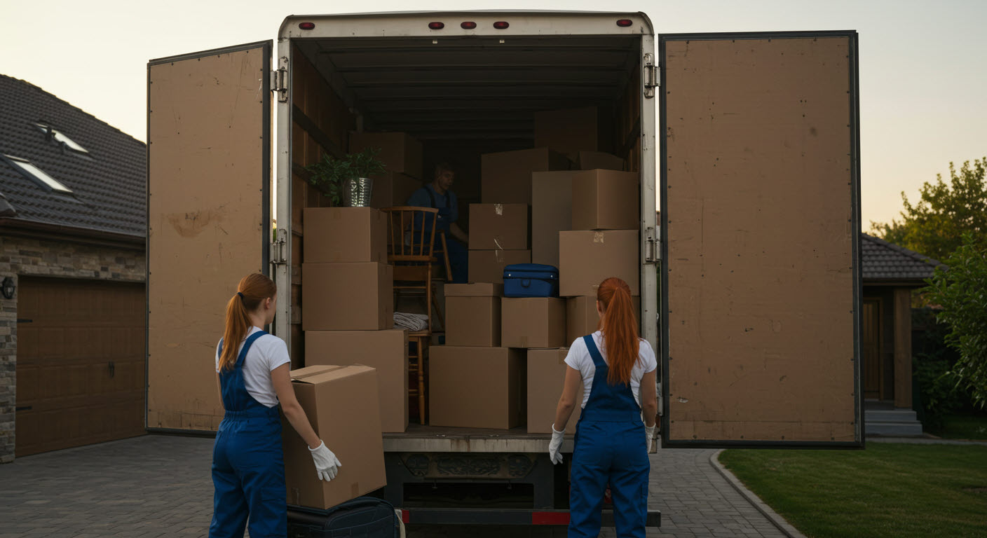 트럭에 포장이사를 하고 있는 두명의 여인