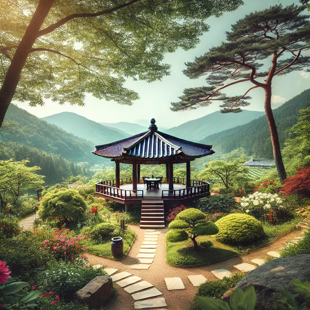 강원도 미시령 힐링가든의 전통 한국식 정자와 그 주변의 푸른 나무들, 화사한 꽃들이 어우러진 고요한 정원 풍경.