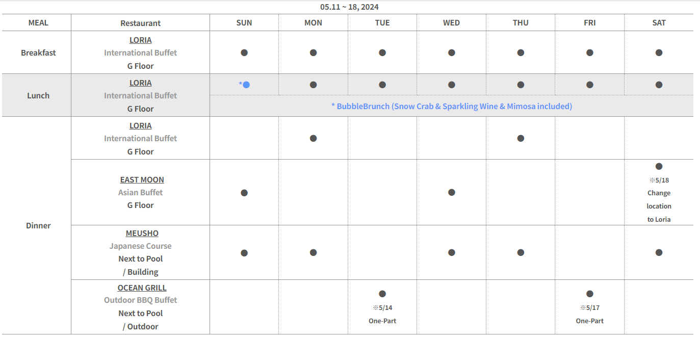 켄싱턴 레스토랑 스케쥴표