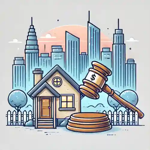 실거주용 주택과 투자용 빌딩 사이에 경매 결정 망치가 있는 모습
