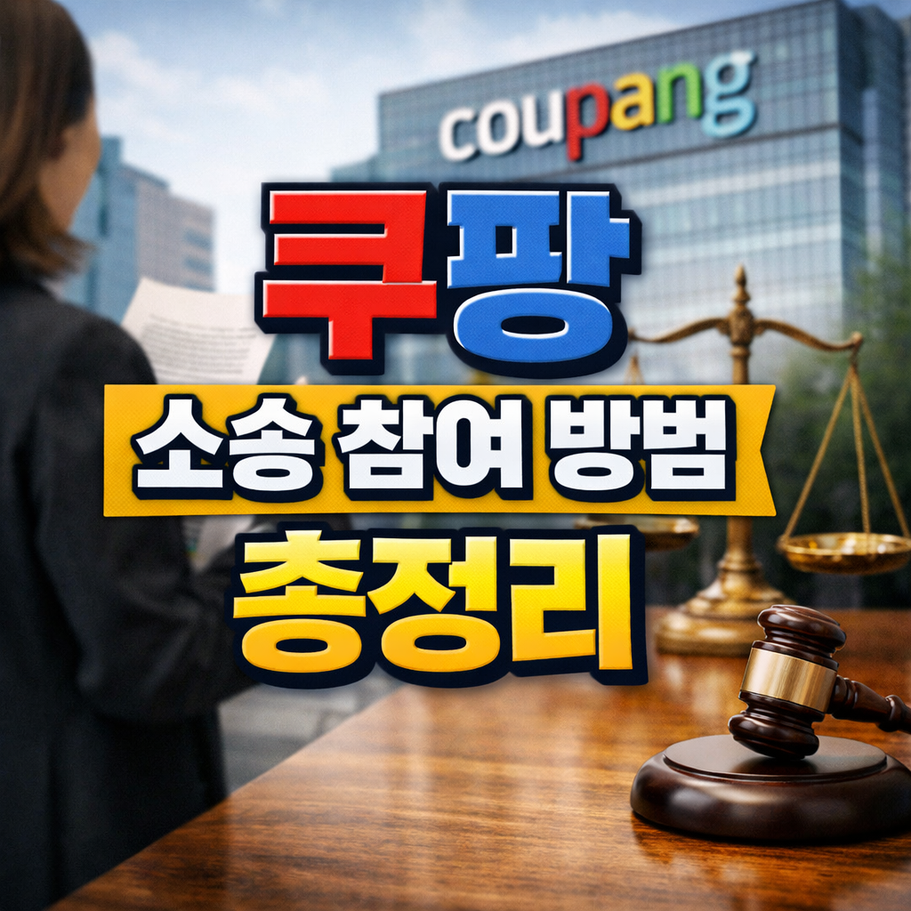 쿠팡 소송 참여 방법 총정리 썸네일, 쿠팡 본사 건물과 법정 이미지를 배경으로 소송 대상과 절차를 설명하는 이미지