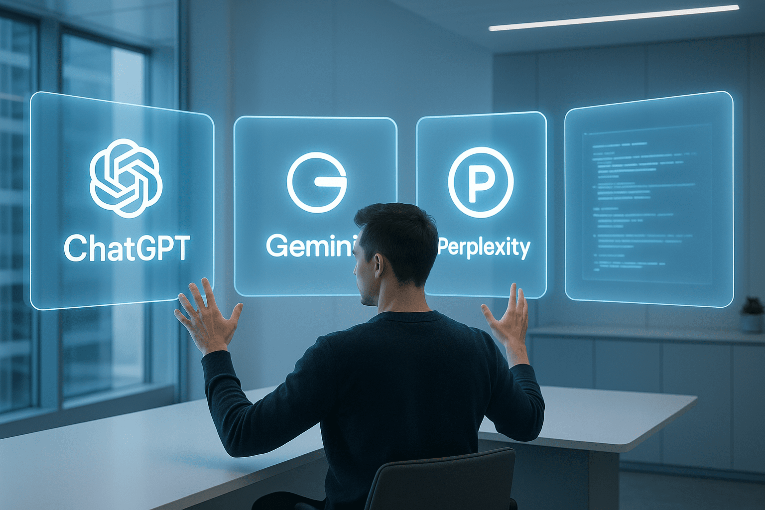 한 사람이 책상 앞에서 ChatGPT, Gemini, Perplexity 로고가 떠 있는 여러 홀로그램 스크린을 지휘하며 AI 도구를 활용하는 모습