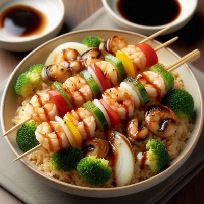 해산물 꼬치구이와 볶음밥