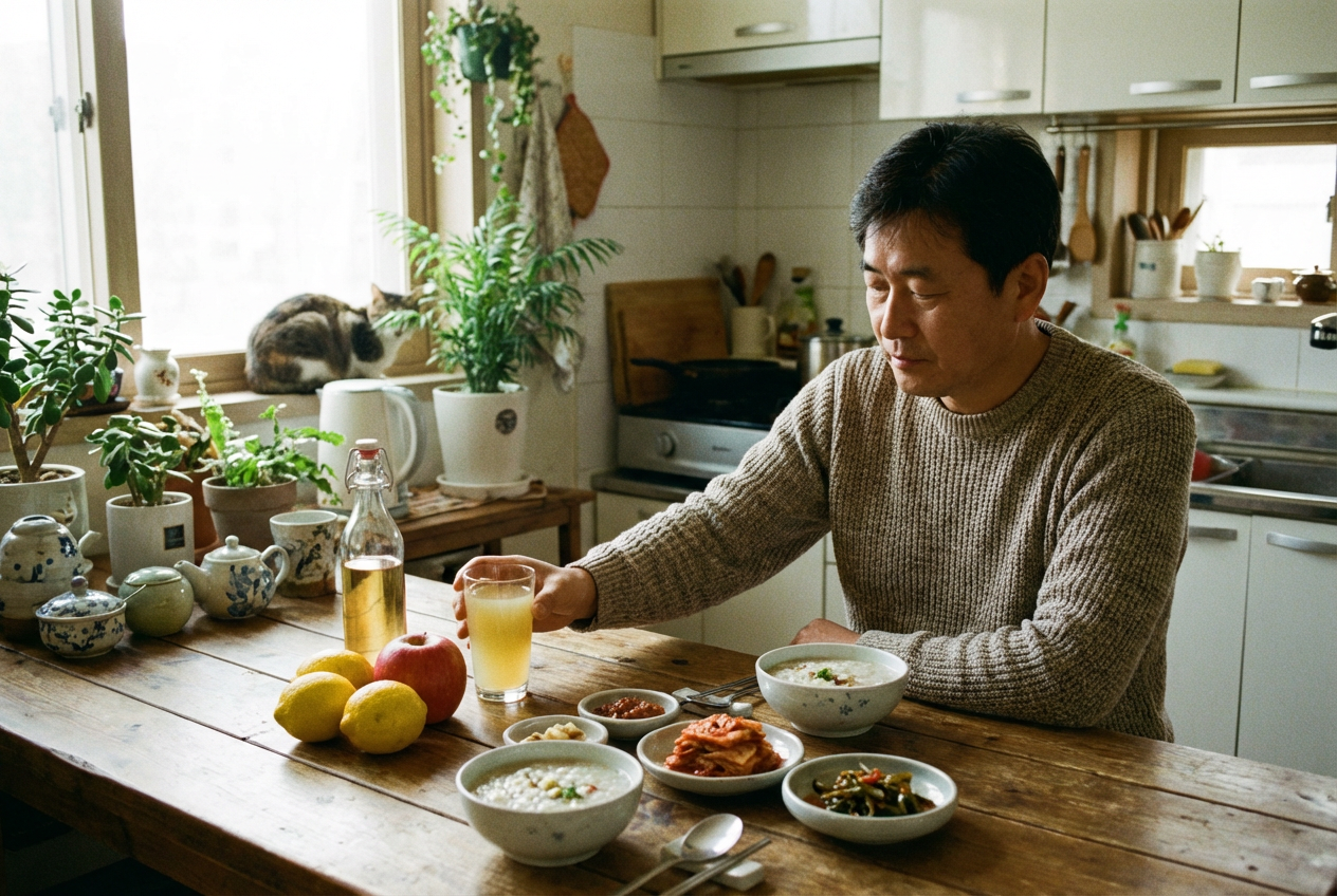 밝은 주방 식탁에서 중년 남성이 애플사이다비니거 음료 한 잔을 앞에 두고 아침 식사를 하는 모습