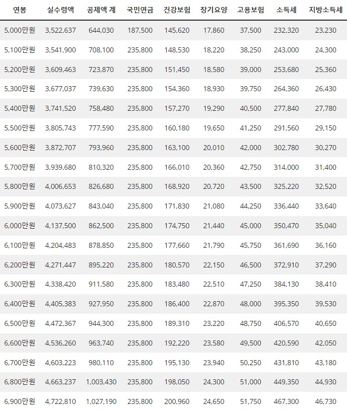 5000만원~6900만원 연봉 실수령액표