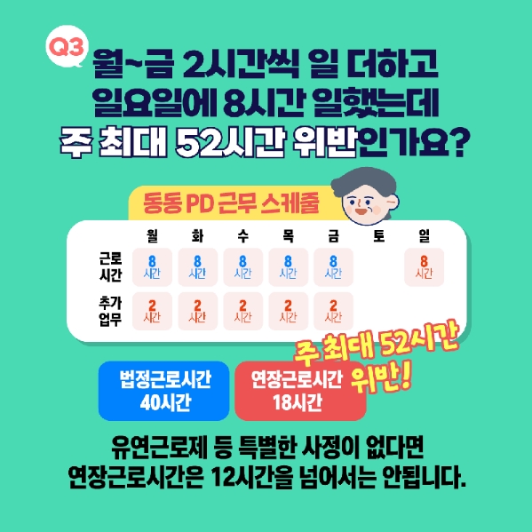 주 18시간 연장근무가 법 위반인지에 대한 질문과 답변