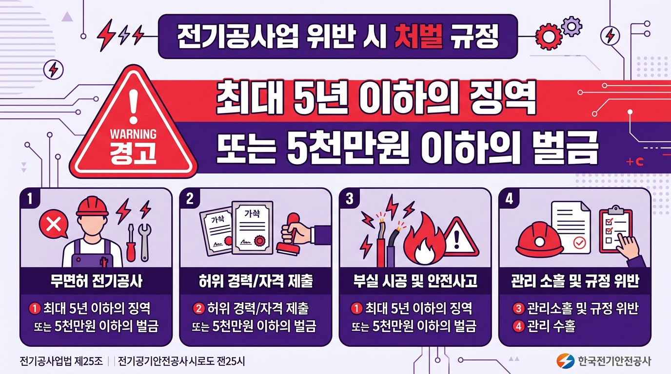 전기작업 위반 시 처벌 기준을 보여주는 경고 인포그래픽