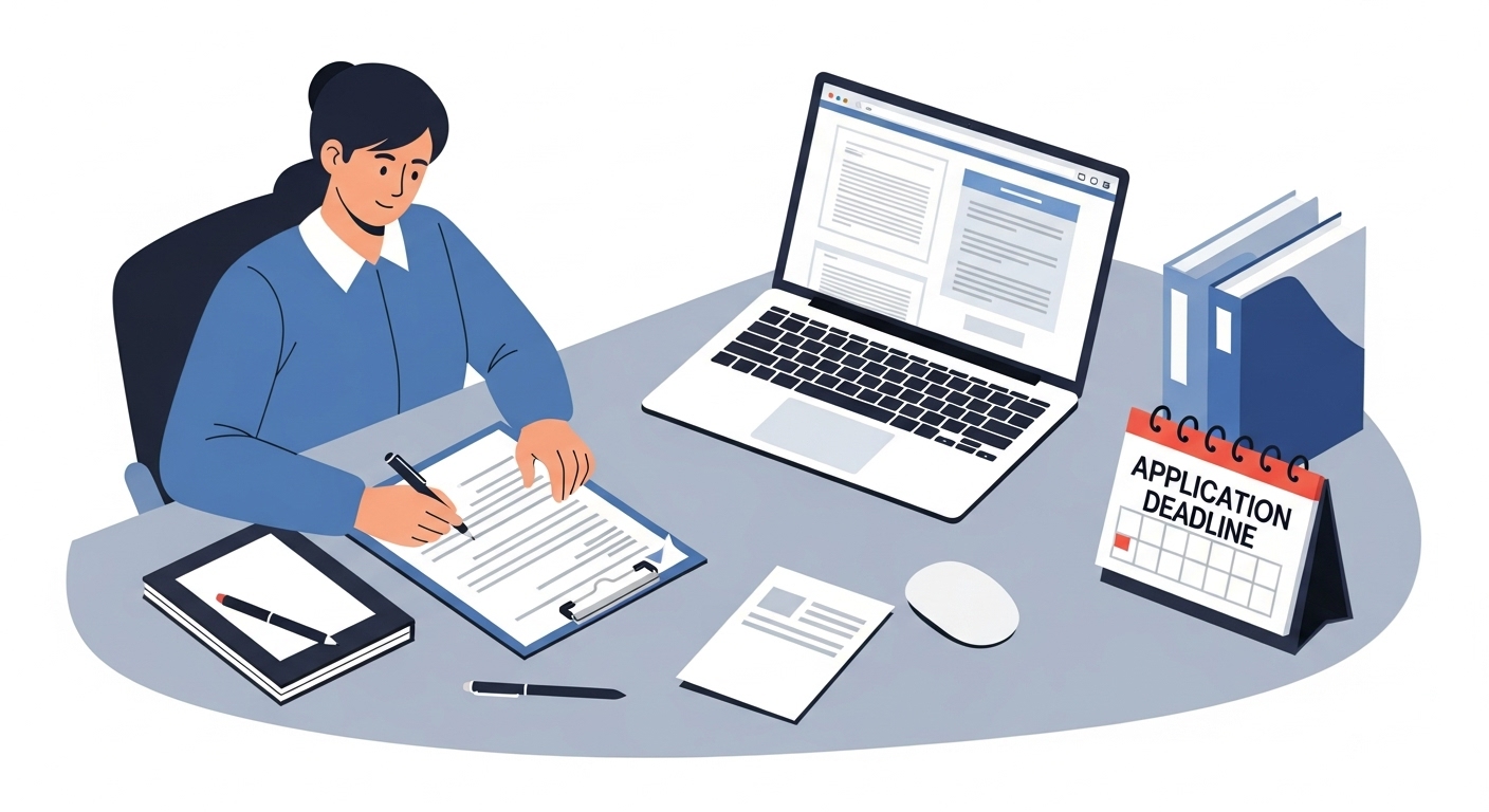 부모가 책상에 앉아 지원 신청 서류를 꼼꼼히 작성하는 모습. 옆에는 필요한 서류와 관련 정보가 놓여 있어 신청 과정을 나타낸다.