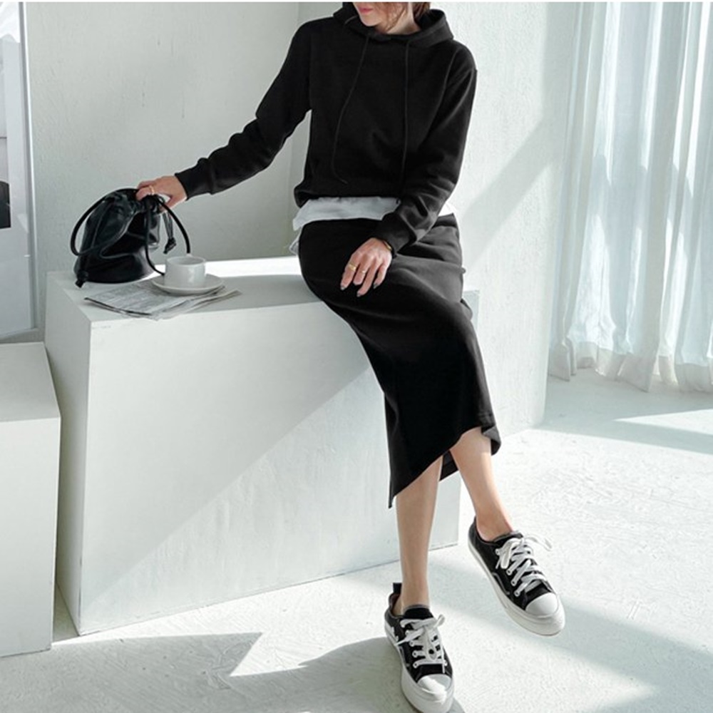 기모 투피스 세트 후드 티셔츠 스커트 트레이닝 꾸안꾸
