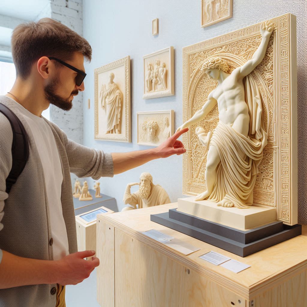 시각장애인이 3D 프린팅으로 제작된 명화의 복제본을 손으로 만지며 감상하고 있다.