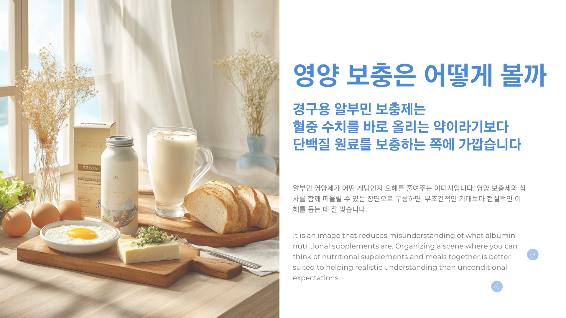 한국 가정의 식탁이나 주방에서 단백질 보충 음료, 달걀, 두부, 요거트, 닭가슴살 같은 식품이 함께 놓여 있는 장면