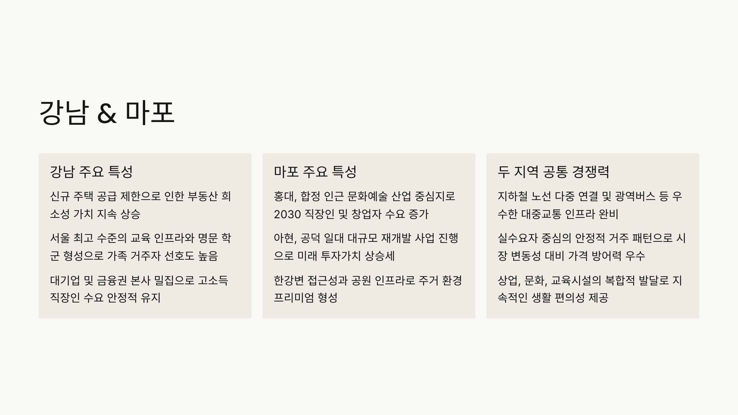 강남 마포 주요 특성 및 공통 경쟁력