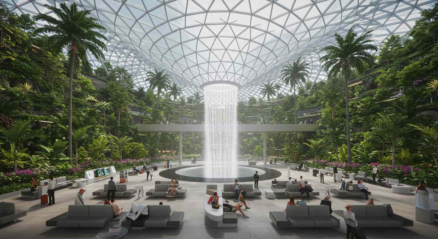 A bustling futuristic airport terminal with lush indoor gardens, waterfall, and people lounging comfortably in spacious waiting areas with skylights.