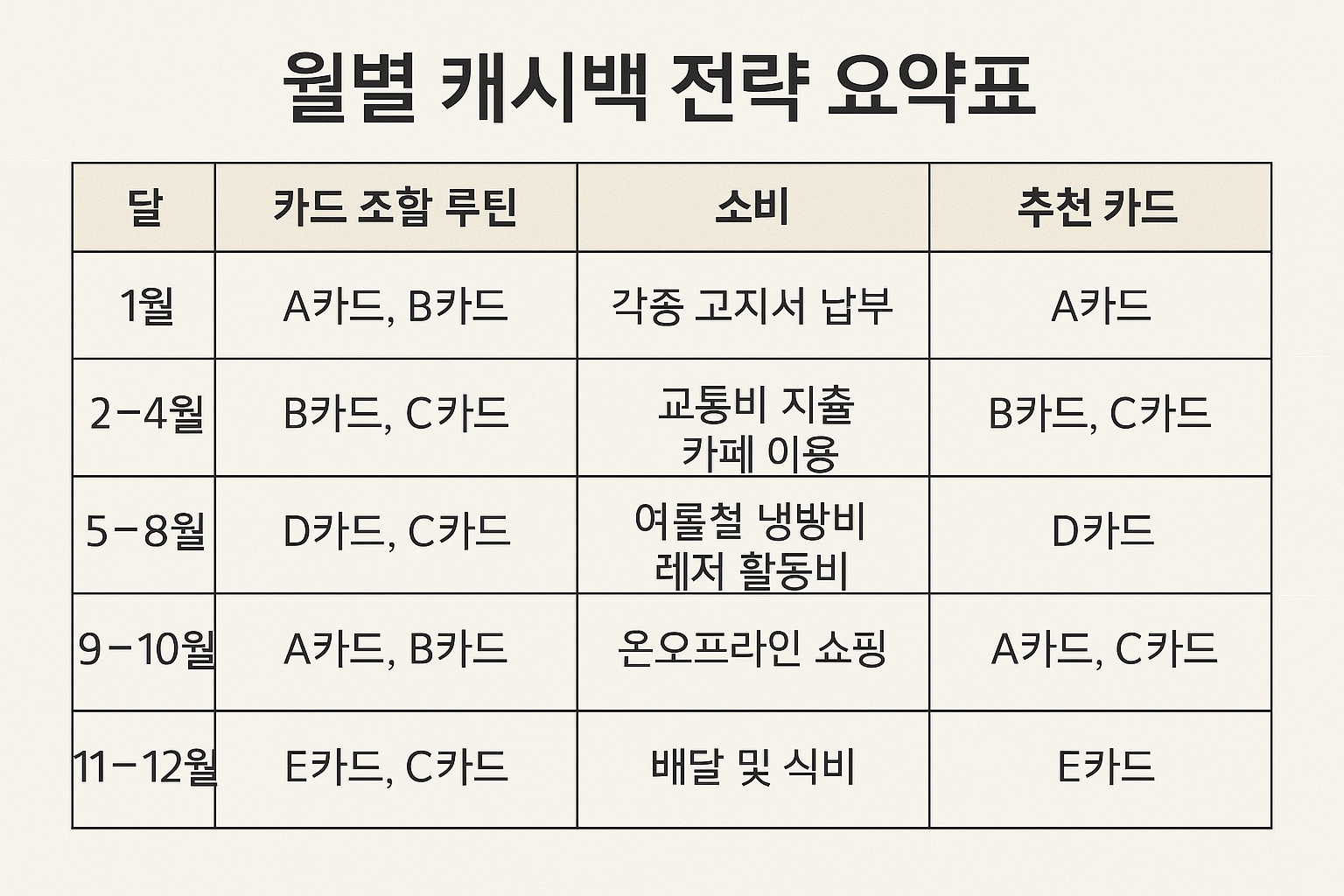 캐시백 활용 루틴 요약표 이미지
월별 캐시백 전략, 카드 조합 루틴, 소비별 추천 카드