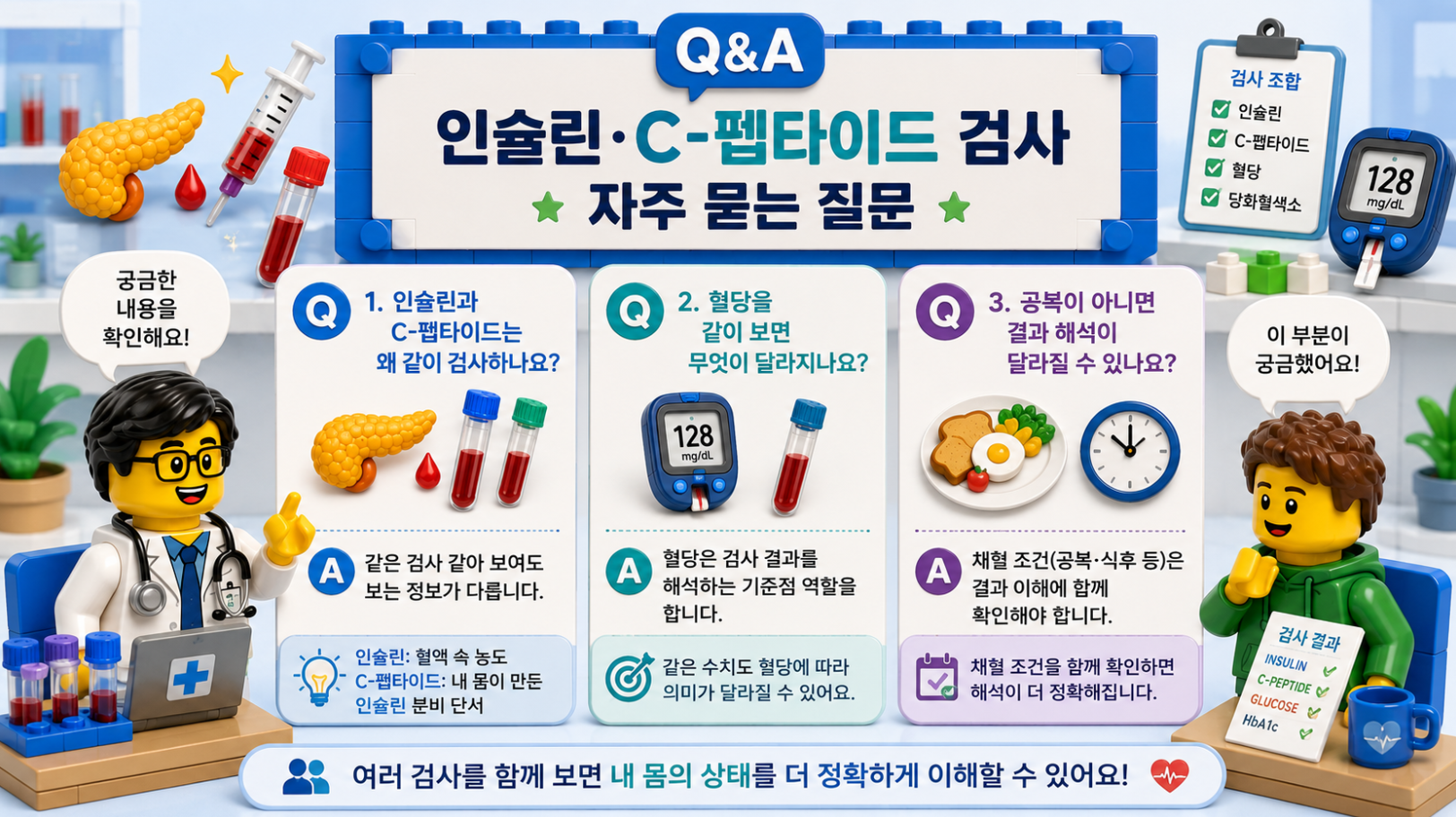 인슐린·C-펩타이드 검사 자주 묻는 질문(Q&A)을 정리한 레고 스타일 의료 인포그래픽