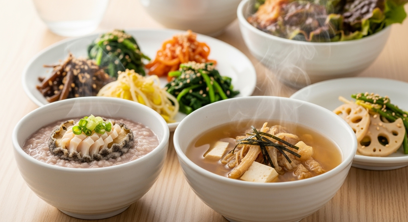 다양한 색깔의 채소와 따뜻한 죽, 국으로 구성된 건강한 한국식 노인 겨울 보양식 상차림