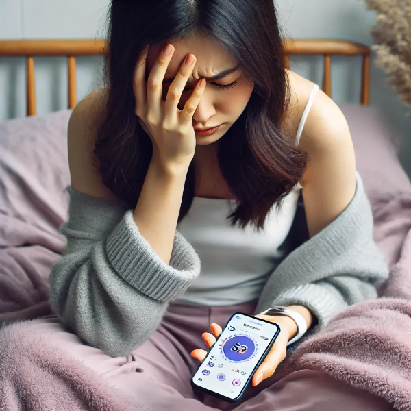 침대에 앉아 얼굴을 손으로 가리고 스마트폰 생리 앱을 곁에 둔 30대 여성