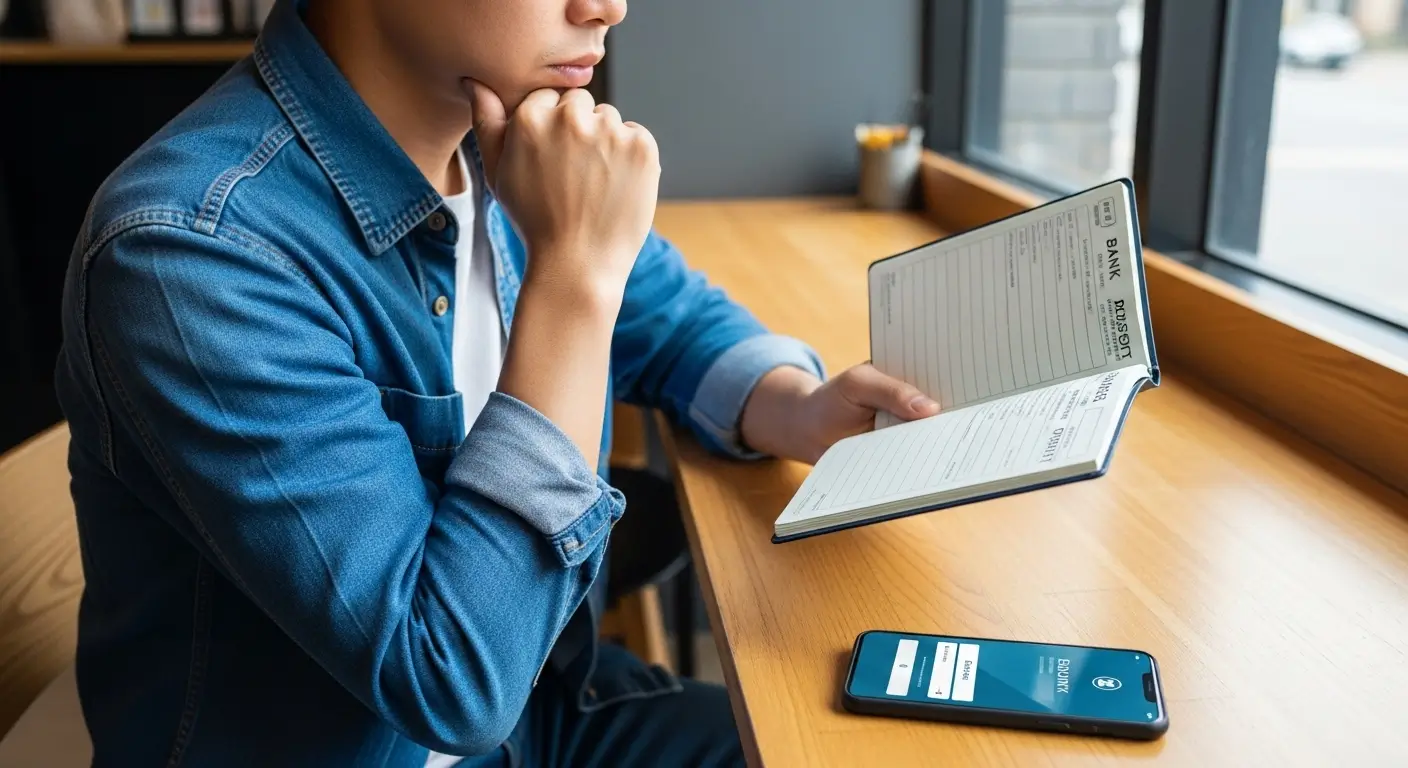 4대보험 미가입 근로자가 급여통장 내역을 확인하며 채무통합 대출을 고민하는 모습