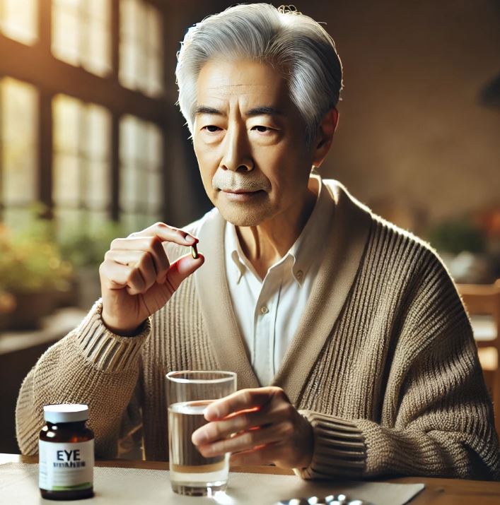 백내장 증상 완화를 위한 영양소가 포함된 영양제를 먹고 있는 노인의 모습 사진