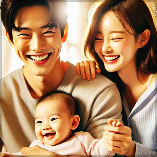 실내에서 부부와 환한 미소의 아기.
