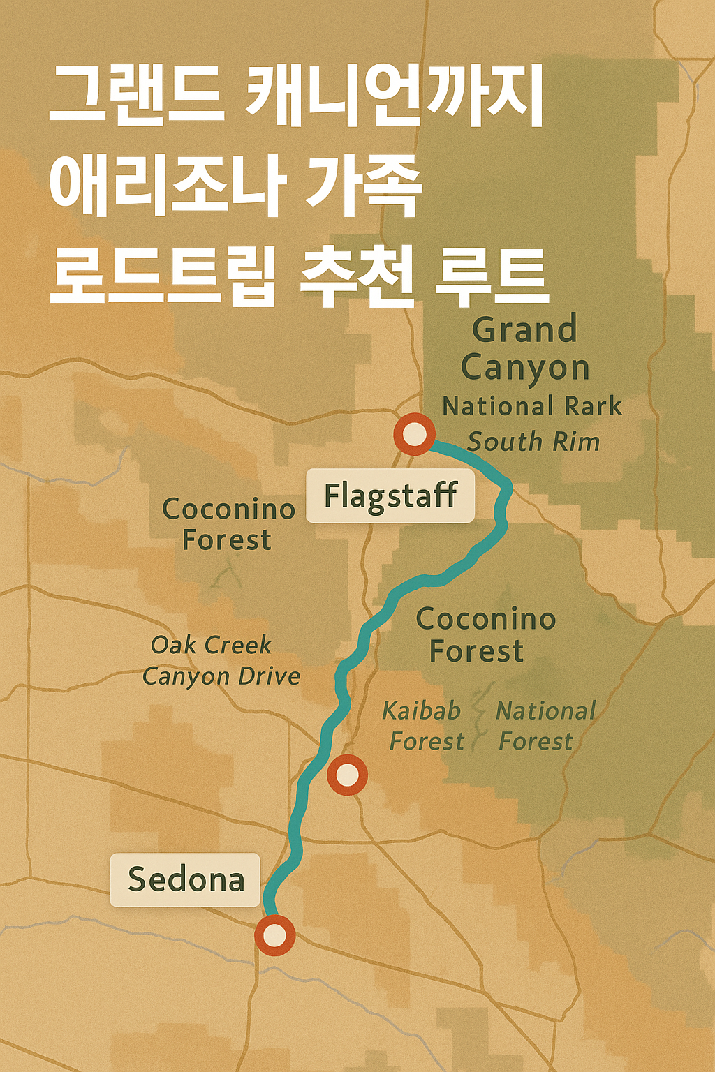 애리조나 세도나에서 그랜드 캐니언까지 가족 로드트립 경로가 표시된 지도형 썸네일 이미지