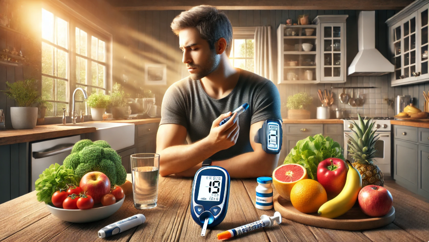 당뇨에 걸린 사람과 당뇨에 좋은 음식을 함께 보여주는 그림