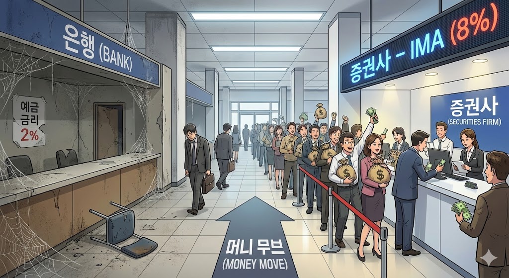 은행 금고(3%)와 IMA 금고(8%)가 나란히 있는데, 사람들이 IMA 금고 앞에만 줄을 서 있는 모습